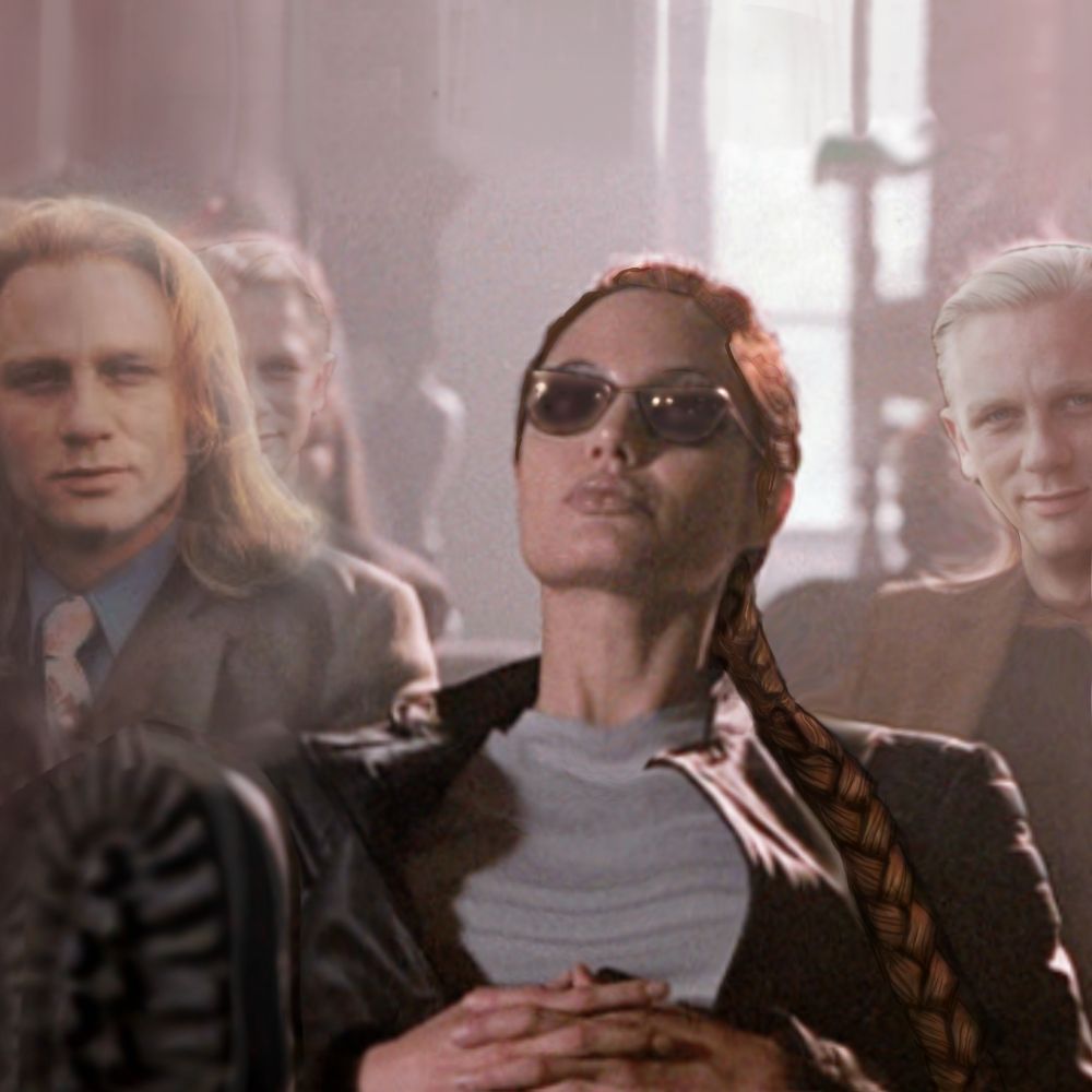 Angelina Jolie as Lara Croft. With a Braid drawn draped over her shoulder. The crowd is photoshoped to all be Daniel Craig. On the left young Daniel Craig with long hair. On the Right Daniel Craig with short bleach blond hair. 