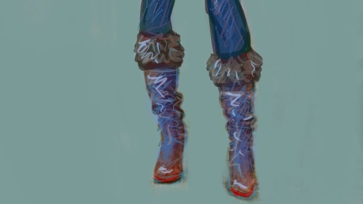 Boots with the fur. A drawing of too red and blue boots with fur tufts. 