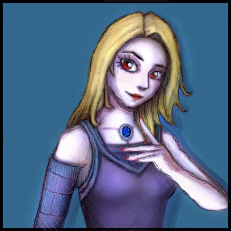 A pale metalic woman with brassy blonde wavy hair. She has a port on her chest with a marble in it. 