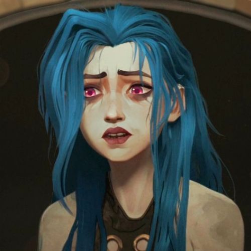 Jinx. A young woman with blue hair looking depressed. 