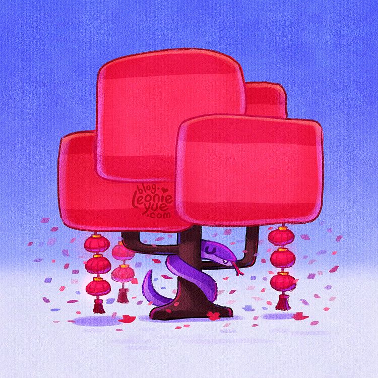 Woodland snake smiling and sleeping with their tongue sticking out. They're wrapped around the plum blossom tree that's decorated by chinese new year lanterns and surrounded by reddish/violet/warm petals. Well this is the last Crossy Road illustrated fanart I'll do (if you've read my past blog posts, you know)