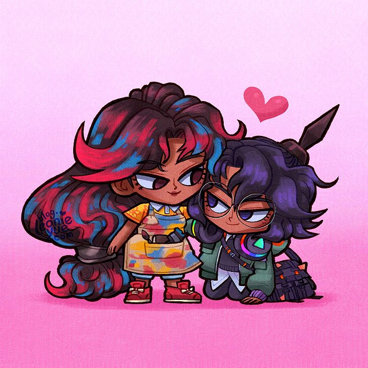 One sister Sienna (the traditional painter/artist) is standing and another is Tera (the digital painter/artist) who's kneeling and both are caring for each other and each other's art journeys.