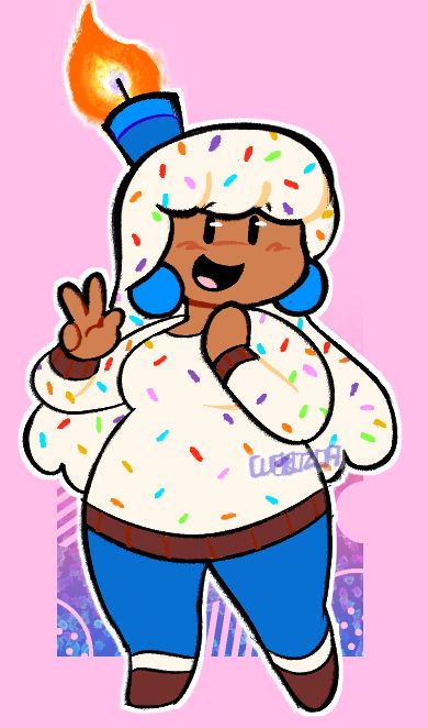 SketchCast's Cele- making a peace sign whilst in the middle of taking a step- looking to her left (viewer's right.) She's got long, white hair dotted with multi color sprinkles- and a sweater with the same appearance- its wrists and waistband are a darker brown, and her boots are the same color. The footwear is separated from her blue jeans by white socks. Aforementioned jeans are the same blue as her large, circular earrings, and the bulky candle sitting on top of her head- its wick lit on fire.