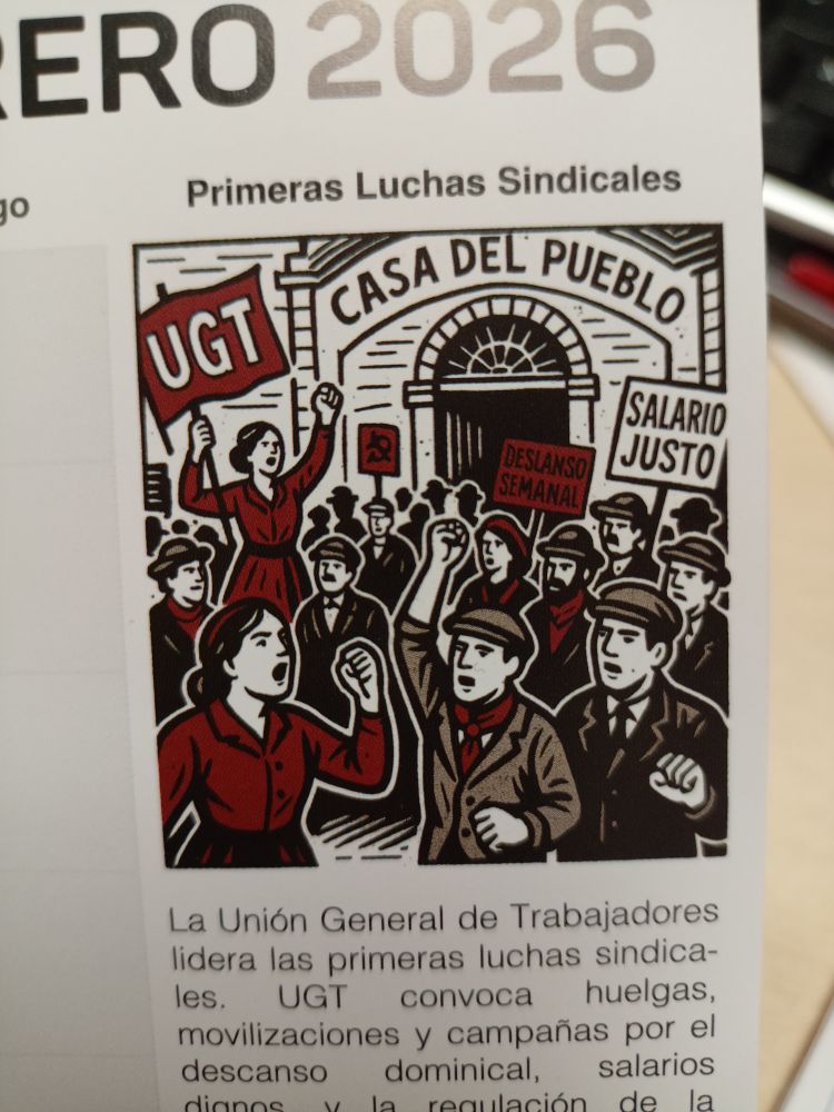 Ilustración hecha con IA que muestra una manifestación con carteles de UGT, Descanso Semanal, Salario Justo.