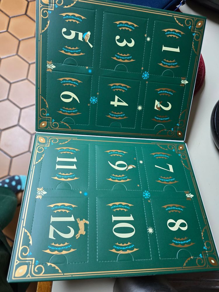 Interior of the Harney Tea advent calendar box showing 12 unopened numbered doors. Unlike most advent calendars Harney's is for twelve days but each days contains two servings of the same type of tea. I wanted to start this on Dec 14 but the US postal service is as broken as the rest of the government... 