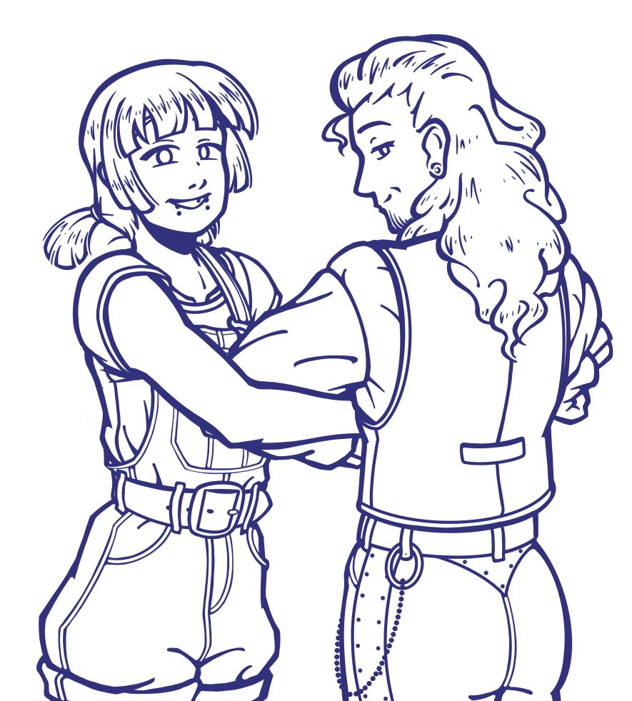 OCs In'Sopo and Emil, dressed casually, with locked arms looking at the viewer.