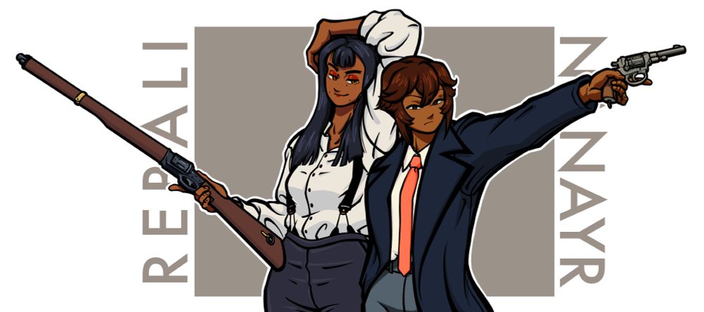 Original characters Rebali, posed with a Pieper carbine rifle, standing behind Nanayr, holding out a Nagant revolver.