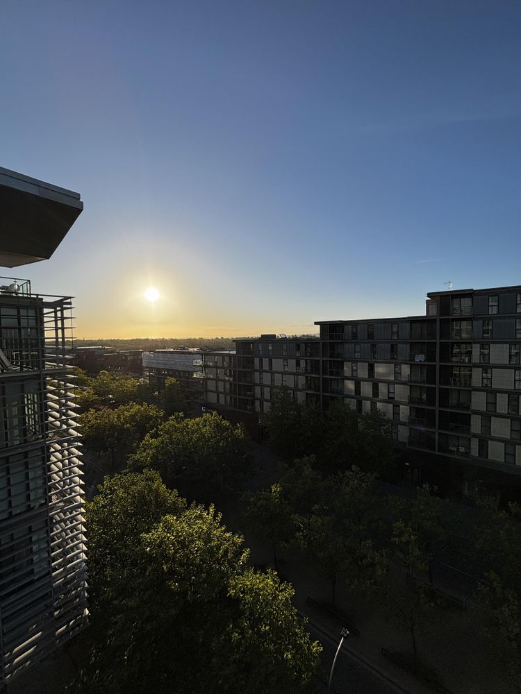Sunrise over apartments and office in Central Milton Keynes 