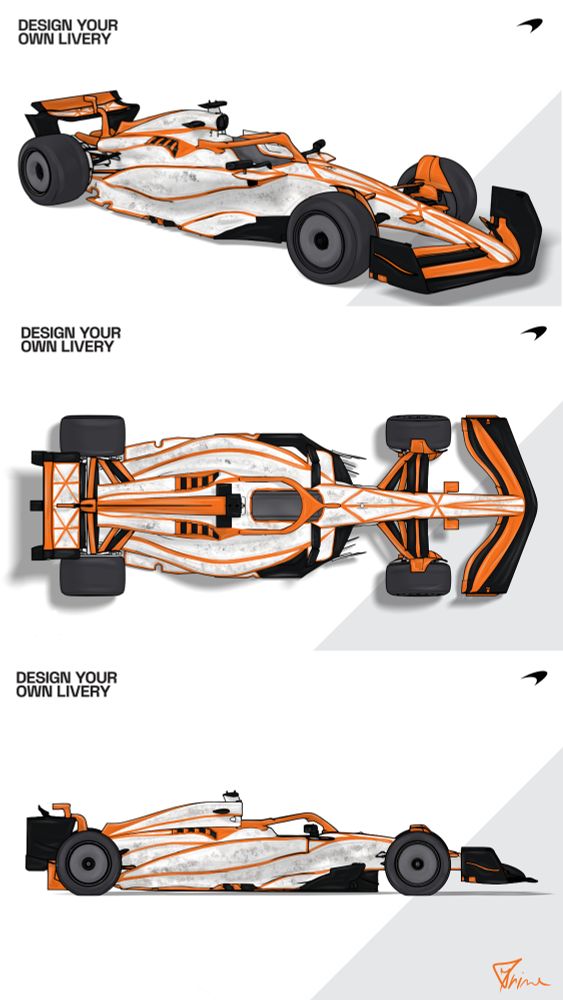 F1 car livery contest entry from three different angles. Symmetrical papaya orange lines following the natural curves of the car with an overall white marble or stone effect. 