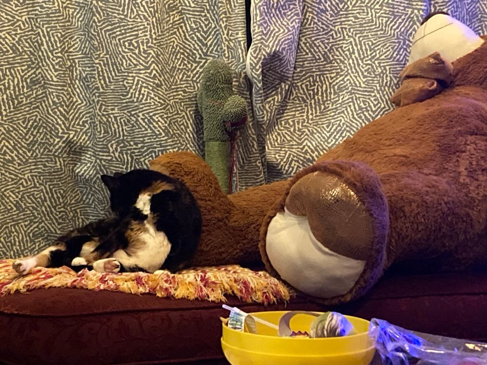 Tricolour cat on a chaise surrounded by Lego washing herself with her leg in the air lounging on a huge teddy.  