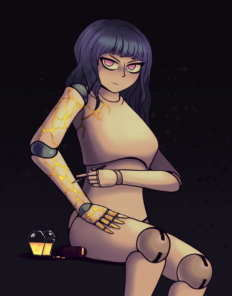 A human-sized ball jointed doll is in front of a dark background, sitting down and looking at the viewer. She has cream-colored skin and joints, long wavy grey-blue hair, and dead pink eyes. Next to her is an bottle of gold lacquer that has spilled some. Her right arm is cracked and repaired together, mending the cracks with the gold lacquer. The joints on this arm are a metallic color instead.