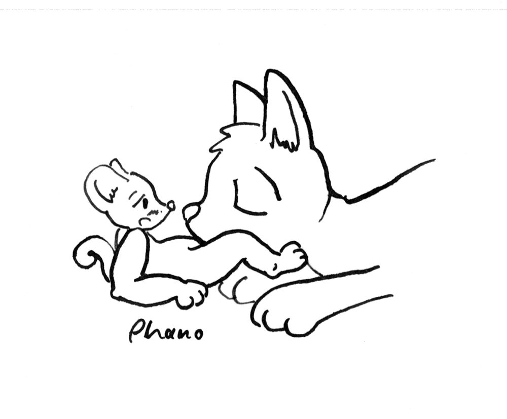 Ink drawing of a large cat performing oral sex on a mouse