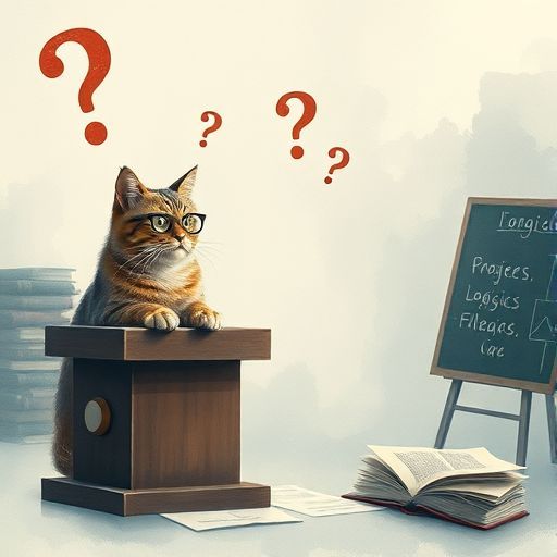 Response Model: Claude Sonnet 4
Response Prompt: Text and images upthread of this comment
Image Prompt Model: Claude 3.5 Haiku
Image Prompt: Prompt: A surreal philosophical scene with two cats sitting at a debate podium, one wearing glasses and looking scholarly, surrounded by abstract logic symbols and floating question marks. Soft ethereal lighting, watercolor-style background in muted blues and grays, with scattered logic textbooks and a chalkboard with partially erased logical fallacy diagrams in the background.
Image Generation Model: Fal AI Flux/Schnell