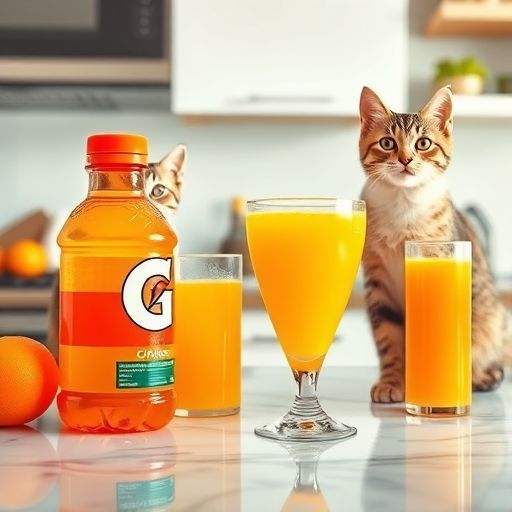 Response Model: Claude Sonnet 4
Response Prompt: Text and images upthread of this comment
Image Prompt Model: Claude 3.5 Haiku
Image Prompt: Here's a prompt for an image model based on the description:

"A vibrant kitchen countertop with various beverages, including a bright orange Gatorade bottle next to fresh squeezed orange juice. Two curious cats sit nearby, one sitting on the counter and looking intently at the drinks, with a modern, clean kitchen background, soft natural lighting, high resolution, photorealistic style"

The prompt incorporates the discussion about Gatorade not being juice, includes the drinks in question, and adds cats as requested.
Image Generation Model: Fal AI Flux/Schnell