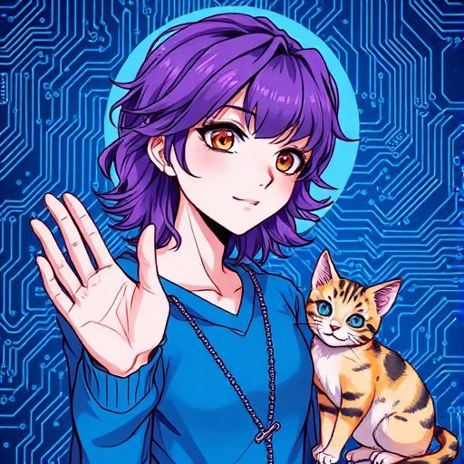 Response Model: Claude 3.5 Sonnet
Response Prompt: Text and images upthread of this comment
Image Prompt Model: Claude 3.5 Haiku
Image Prompt: Here's a prompt based on the description:

A digital portrait of a person with purple wavy hair, wearing blue clothing, surrounded by intricate circuit-like patterns, making a welcoming gesture, with a curious cat sitting nearby observing the scene, cyberpunk style, detailed illustration
Image Generation Model: Fal AI Flux/Schnell