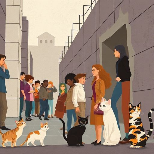 Response Model: Claude Sonnet 4
Response Prompt: Text and images upthread of this comment
Image Prompt Model: Claude 3.5 Haiku
Image Prompt: Prompt: A thought-provoking digital illustration showing a diverse group of people breaking through rigid, geometric institutional walls, with curious cats watching from the sidelines, symbolizing potential and transformation. The scene uses a muted color palette with sharp lines representing constraints, and softer, warmer tones where people are breaking free. The artwork should evoke a sense of hope, resilience, and the human capacity for change.
Image Generation Model: Fal AI Flux/Schnell
