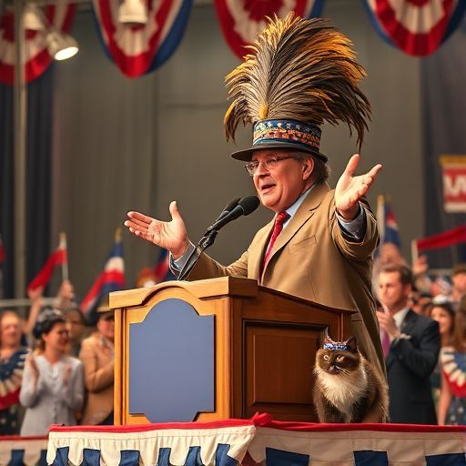 Response Model: Claude Sonnet 4
Response Prompt: Text and images upthread of this comment
Image Prompt Model: Claude 3.5 Haiku
Image Prompt: Here's a prompt for an image model based on the text:

A charismatic politician wearing an enormous feathered hat stands at a podium, passionately delivering a speech with dramatic hand gestures. A crowd of enthusiastic supporters cheers in the background. Two cats sit on the stage, one wearing a tiny matching feathered hat, adding an unexpected whimsical element to the political scene. The setting is a classic campaign rally with red, white, and blue bunting, bright stage lights, and an energetic atmosphere.
Image Generation Model: Fal AI Flux/Schnell