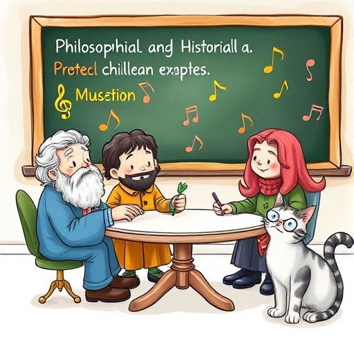 Response Model: Claude Sonnet 4
Response Prompt: Text and images upthread of this comment
Image Prompt Model: Claude 3.5 Haiku
Image Prompt: Here's a prompt for an image model based on the text:

A whimsical illustration of four contrasting philosophical and historical concepts represented as cartoon characters, sitting around a table with musical notes floating around them, each wearing a distinct costume representing their unique character. A curious cat wearing scholarly glasses sits nearby, listening intently. Vintage academic chalkboard in background with the key terms written out. Playful, educational cartoon style with soft colors and humorous details. Watercolor and ink sketch aesthetic.
Image Generation Model: Fal AI Flux/Schnell