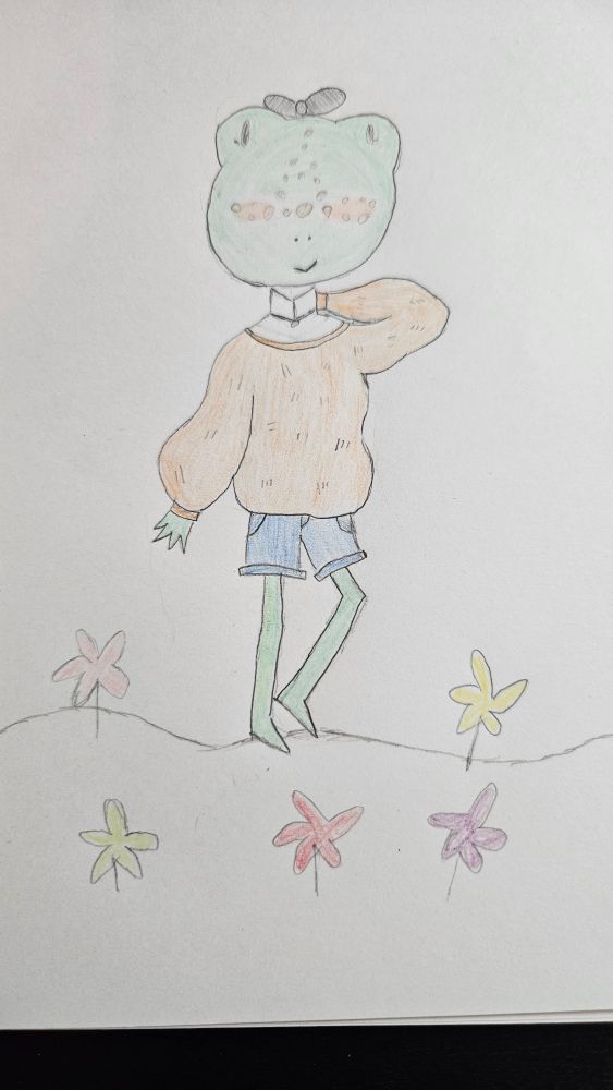 A pencil drawing of an anthropomorphic frog girl with black bow on her head. She is wearing an orange sweater and blue shorts
The character is Oliva by Abanaiac