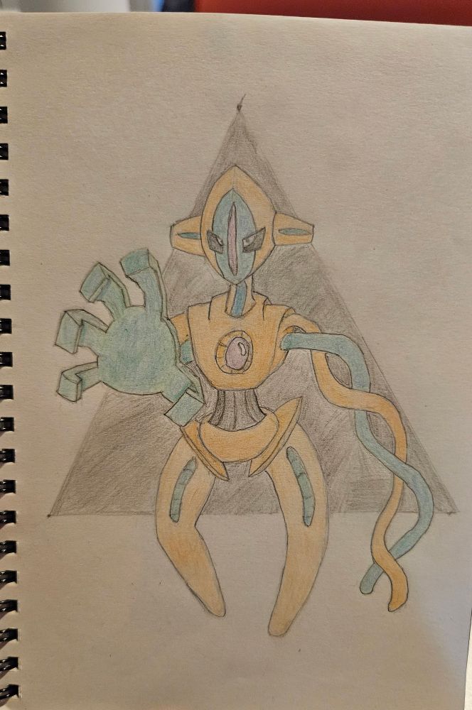 A pencil drawing of the pokemon Deoxys, a teal and orange alien, floating in front of a black triangle. Its left arm is two tentacles crossing over each other in a helix pattern and its right arm is reaching towards the viewer with a slightly gripped hand.