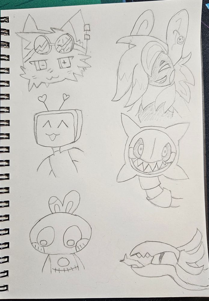 a pencil drawing on a sketchbook page. It depicts 6 characters, described from left to right:

Switch:
an anthropomorphic cat with goggles. one lense has a crosshair on it

Epi Sin:
a character with a round head and simple shaped facial features. he has large rabbit ears and lots of sweeping hair

Joybug:
a character with a TV head and two antenna ending in hearts

Buttercup:
A character who has a circle head with four rounded spikes coming out of it. It has a big toothy grin, oval eyes, round cirlces on the cheeks and a segmented metallic neck

Whimsy:
A character with a round head with two short little bunny ears. they have two round eyes looking downwards and a stitch across their tummy

Pyreling Draco:
A head of a small dragon with a large oblong eye on the side of its head. there are 3 sweeping frills on the back of the head

