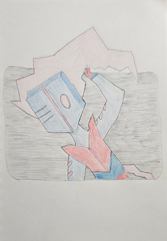 A pencil drawing of an electrical being with blue skin and a red plate on their chest. Their head is a rectangular prisim with a point at the bottom. They have one red eye and several vent slits on the other side of the face.
The character is HOT CHIP by ufodoggy