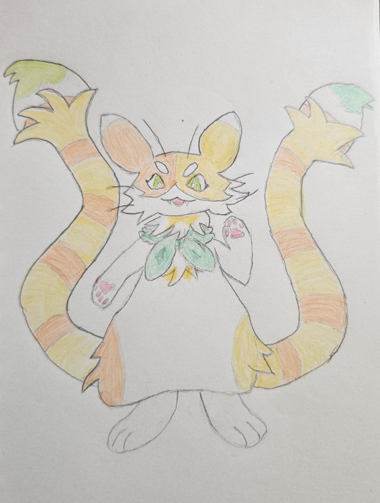 A pencil drawing of a calico critter with two tails topped with paintbrushes. They are wearing a green scarf and waving their paw. 
The character is Critter by fourleafisland