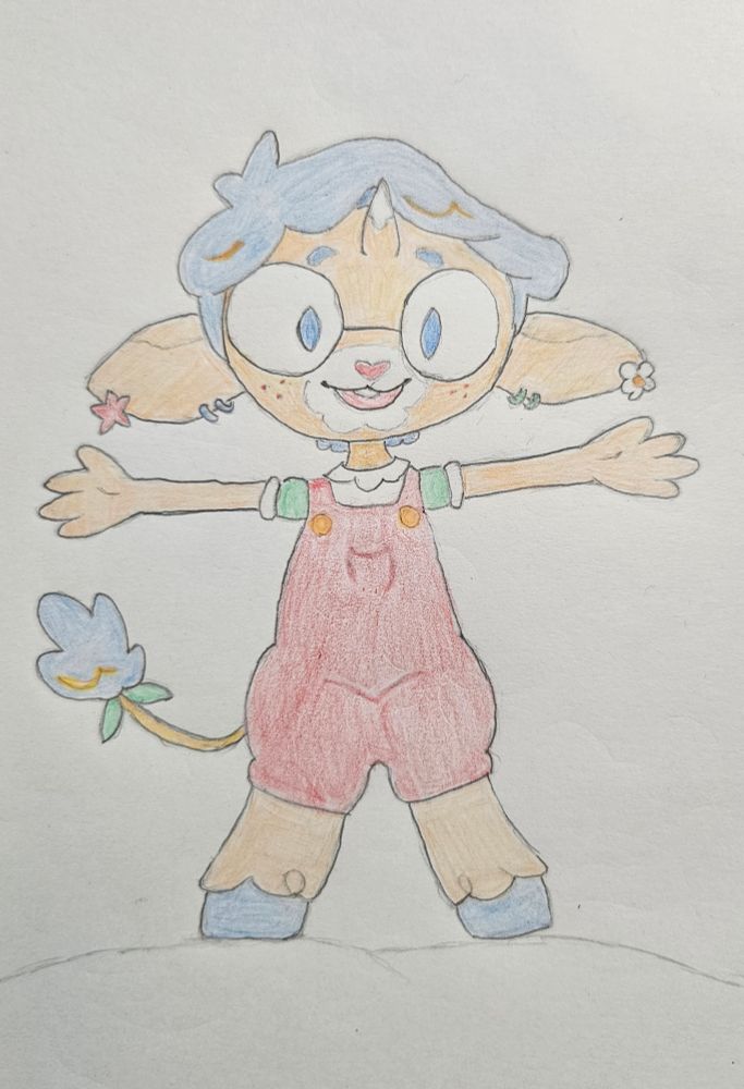 A pencil drawing on a unicorn satyr holding their arms out for a hug. They are wearing a red pair of overalls over a green t-shirt. 
Character is Cham by Chamdoodle
