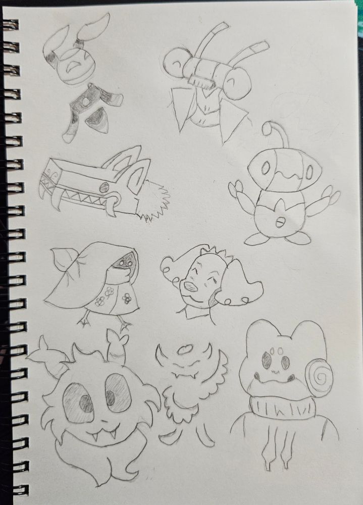 a page of assorted pencil drawings in a sketchbook

from left to right, top to bottom there is:

Shutter:
a robot with a segmented body, the middle being a camera and the head being a round ball with a screen and ears

Motor:
a robotic head resembling a mantis. she has round eyes and a triangluar collar

Dreambeast:
a dragon-like head akin to a stone sculpture

Sid:
a very round robot with two round digits on each hand, an antenna and a squiggle for a mouth

Mud:
a creature underneath a lilypad. they are wearing a cloth outfit with flowers on it.

Dogbot:
a head of an anthropomorphic dog character. she has curly ears and a smooth face with facial features like eyes and nose drawn on.

Tammy:
a head of a furry creature. she has two rounded horn like appendages on top of her head and almost hollow eyes with pupils inside

angel bat: 
a bat like creaute with a halo. they are comprised only of disconnected lines implying a larger shape

kovak:
an anthropomorphic frog man. he has a spiral on the circles on either side of his face and is wearing a turtleneck with two large drawstrings
