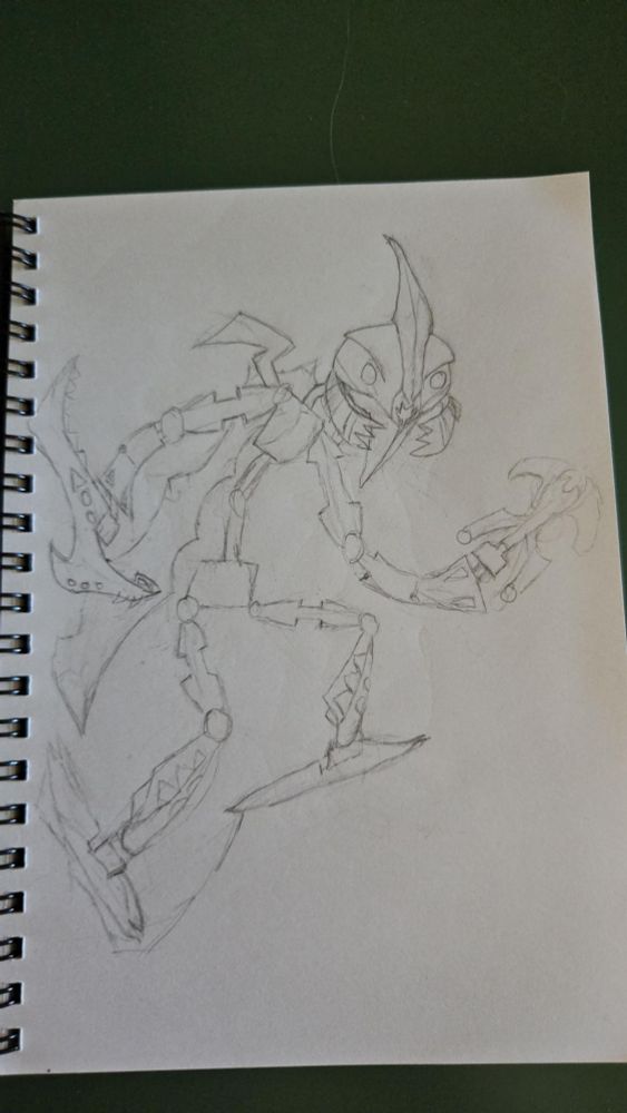 a rough pencil drawing of the Bionicle Pridak. He is hunched over as he is stepping to a higher ledge. He has a face with two fins coming off the top and bottom of his head and two mandibles flanking the mouth on his face. He is holding a crossbow shaped launcher in his left hand and a rounded fin like sword in his right.