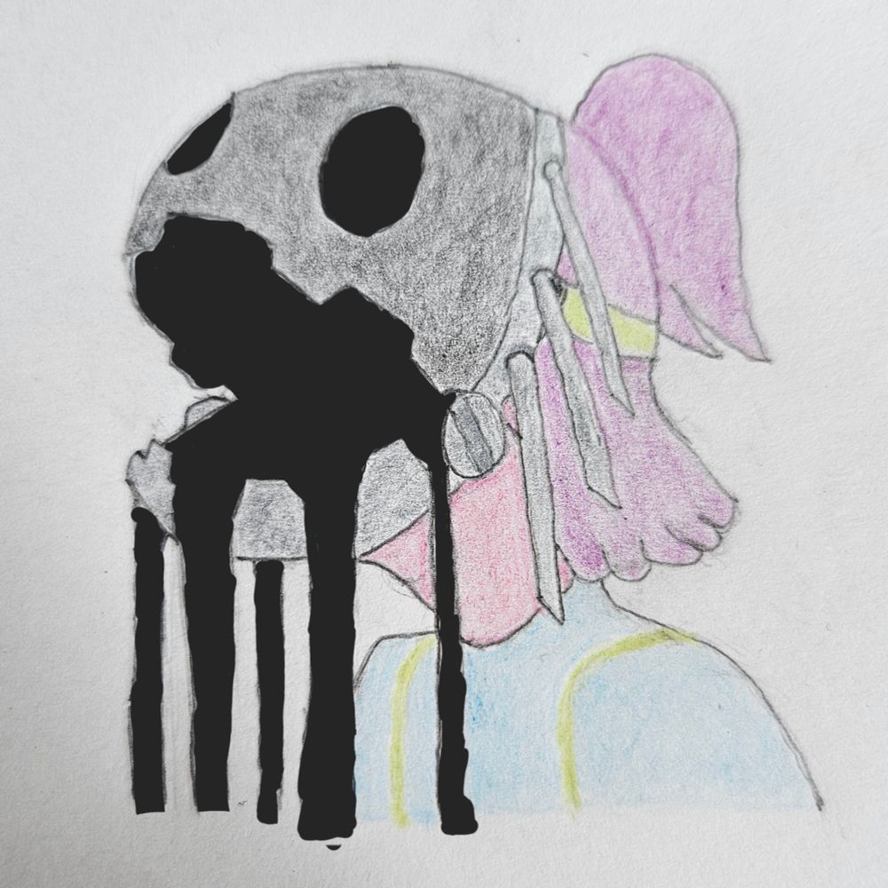 the same piece as before except the eyes, entire inside of the mouth and leaking liquid are digitally colored solid black making it look unnaturally dark