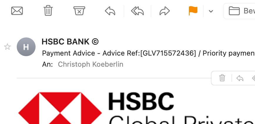 Screenshot von einer Mail mit Absender „HSBC BANK ©“.