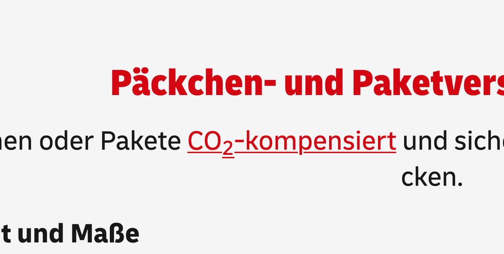 Screenshot der unterstrichenen Wörter „CO₂-kompensiert“, bei der die Unterstreichung der 2 gleich mit runtergerutscht ist.