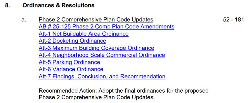 A list of ordinances set to be adopted for Phase 2 Comp Plan updates with a parking ordinance included