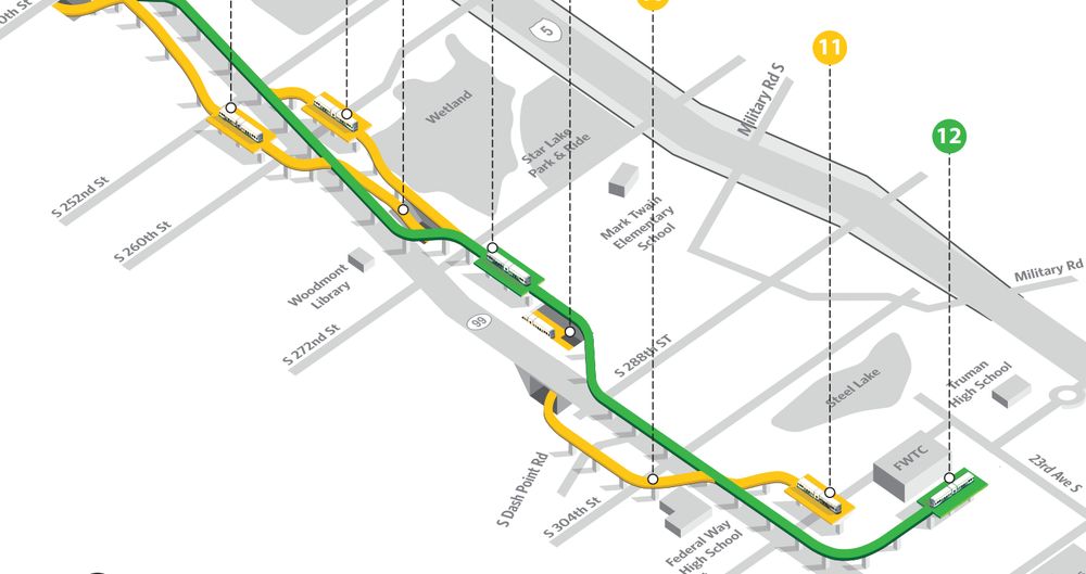 Southern segment of the 99 options, with one alignment showing a zig zag going under the highway in a tunnel
