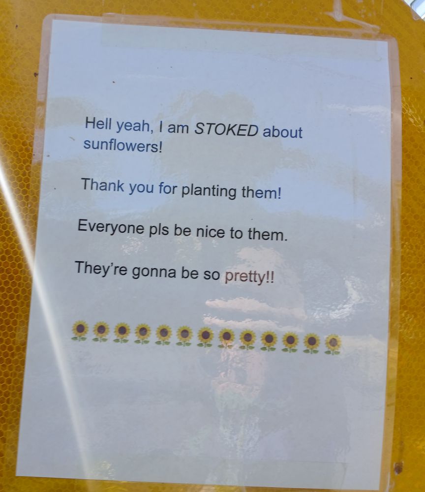 Text on sign: Hell Yeah I am STOKED about sunflowers. Thank you for planting them. Everyone pls be nice to them. They are going to be so pretty!!!
Row of sunflower emoji