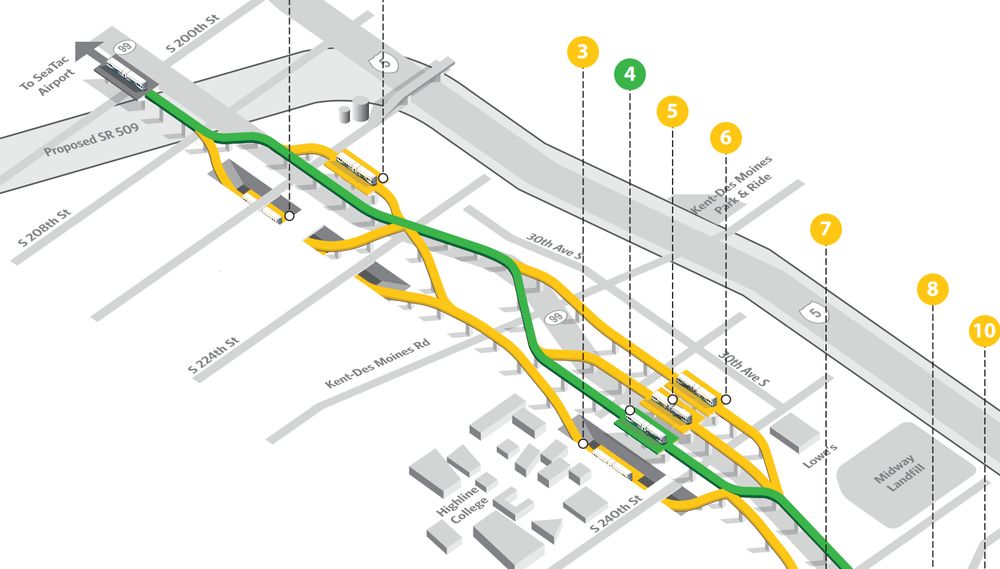 Four different alignments along the northern segment south of Angle Lake with a few trenches shown north of Highline College in one option