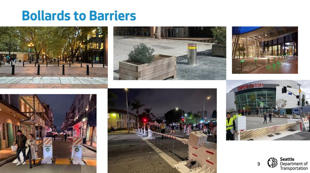 A slide that reads Bollards to Barriers with an array of bollards and raising barriers at major event venues around the world
