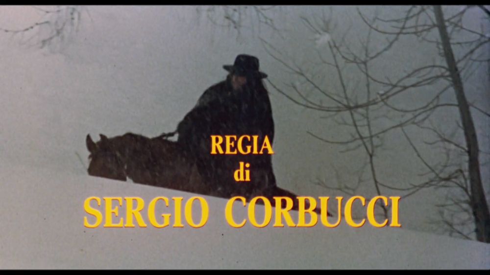 Screenshot from The Great Silence (1968)
A man on a horse. It’s snowing 
Yellow text says « regia di Sergio Corbucci »