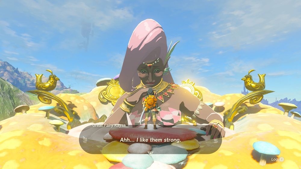 The Great Fairy in Tears of the Kingdom saying to Link, “Ahh…I like them strong.”