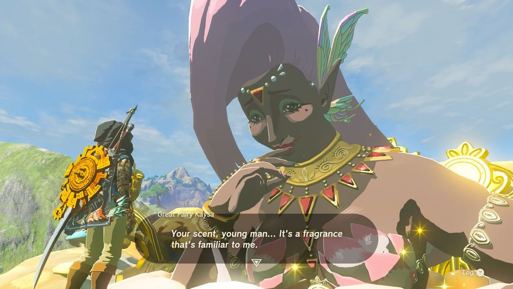 The Great Fairy in Tears of the Kingdom saying to Link, “Your scent, young man…It’s a fragrance that’s familiar to me.”