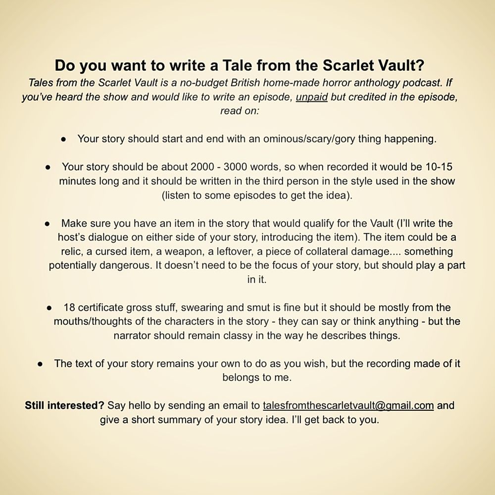 Guidelines for submitting. Email me talesfromthescarletvault@gmail.com if you need the text version 