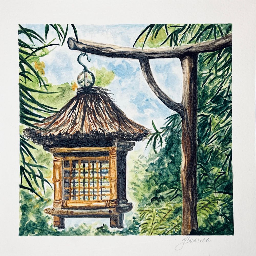 Image of an antique Chinese walled box thatched roof bamboo lantern hanging in a a sunlit garden painted in watercolor. 