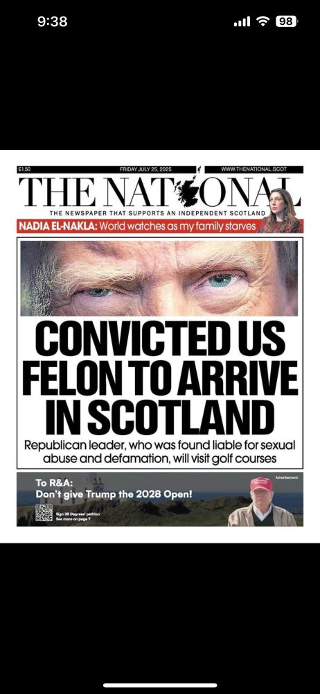 Photo of the cover of Scotland’s The National with an image of a menacing Trump and the Headline:  Convicted US Felon To Arrive in Scotland. 