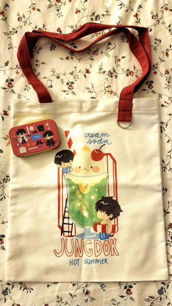 Joongdok cream soda canvas tote, joongdok metal tin box