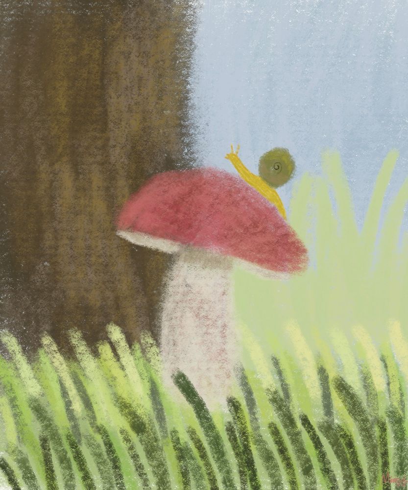Curious snail on a mushroom drawing
