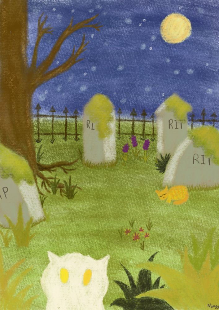 Four headstones in a graveyard, one orange cat sleeping, a white cat near the front