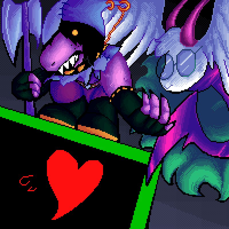 susie and ralsei in their executioner and reaper forms again, this time staring down at the red soul menacingly. the soul is in the battle box and appears concerned about the battle.