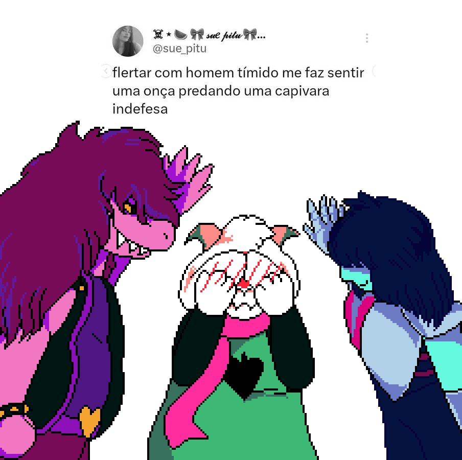 pixel illustration of susie and kris cornering ralsei into a wall while he blushes intensely and hides his face with his ears. all characters are from the game deltarune. susie is an anthropomorphic reptile, ralsei is an anthropomorphic goat and kris is a human. above them is a screenshot of a tweet that says "flirting with a shy guy makes me feel like a jaguar hunting a defenseless capybara" in portuguese brazilian