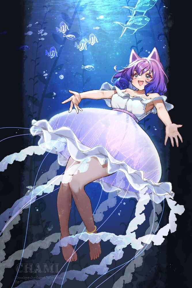 I draw this to participate a drawing event of Dreamix, a new commission site in Taiwan, their mascot is a jellyfish with cat ears.